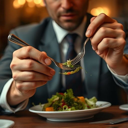 detailed edges, detailed image, perfection style, A cinematic detailed image of a man in a suit eating a salad with a fork, movie themed, sharp, detailed background, epic cinematic photography, artistic style, dramatic light style, cinematic color style, Kodak 35mm film style, detailed style, hand focus style, holding, food, table, knife, plate, realistic, spoon, fork, holding fork, food focus, vegetable, 1boy, fingernails, out of frame, photorealistic