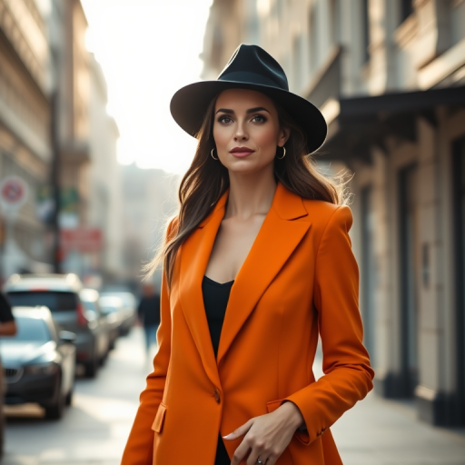 portrait of a confident woman in an orange blazer and black hat walking down a stylish city street in soft afternoon light, capturing high fashion and elegance, shallow depth of field, 50mm lens, f/1.8 aperture, ISO 100, natural light, DSLR camera