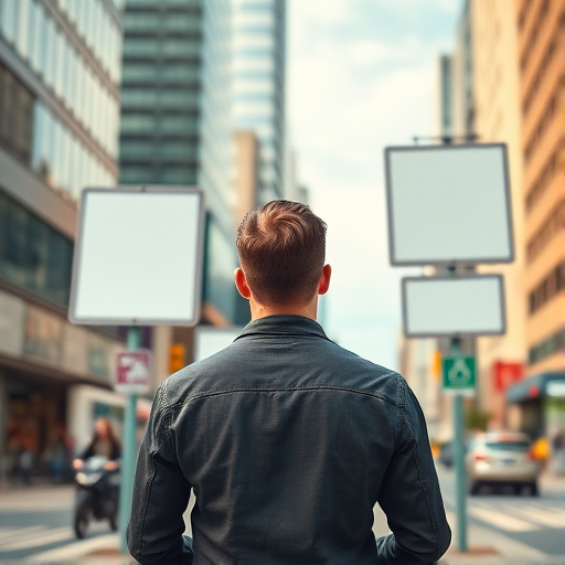 create an image of a man standing in a city, his back turned with a confused expression looking at blank road signs, a busy urban street in the background, use a DSLR camera, aperture f/2.8, shutter speed 1/500s, ISO 200, wide-angle lens, capturing a dynamic city atmosphere with high detail and vibrant colors