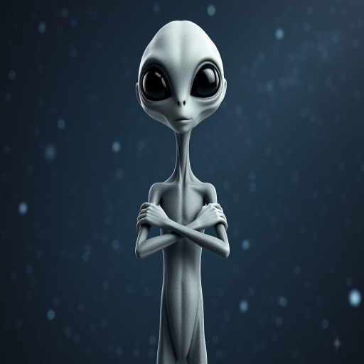 Create a highly detailed 3D render of a slender alien figure with large black eyes and smooth gray skin standing in a relaxed pose with arms crossed, set against a high-resolution starry background, using a DSLR camera with a 50mm lens, f/1.8 aperture, ISO 100, and a softbox lighting setup for even illumination.