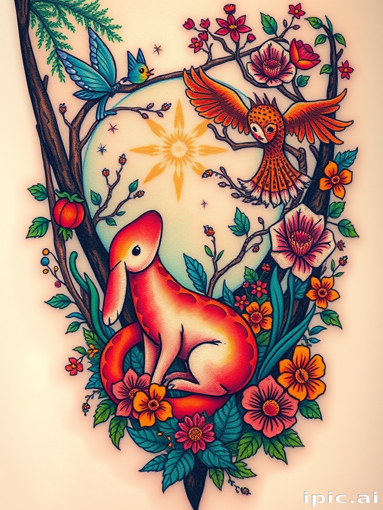 Neo-traditional tattoo called "Enchanted Wilderness" blending vibrant colors with stylized animals and florals creating a whimsical forest scene with hidden magical elements