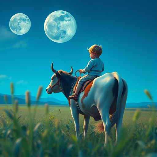 Create a high-resolution illustration of a young child riding a cow in a serene landscape under a large moon, with vibrant blue hues and detailed plant life in the foreground, captured with a Canon EOS R5 at f/8, ISO 100, 35mm lens, with a focus on sharp details and depth of field for an artistic, immersive quality.
