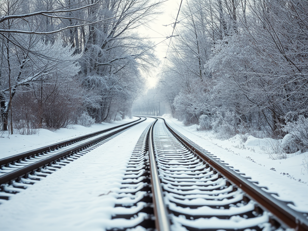 Capture a serene winter scene with snow-covered railway tracks surrounded by frosted trees, using a DSLR camera with a 50mm lens at f/4, ISO 100, 1/200 sec shutter speed, shot from a low angle perspective for depth, in natural light to emphasize the soft textures of the snow and the contrast of the bare branches.