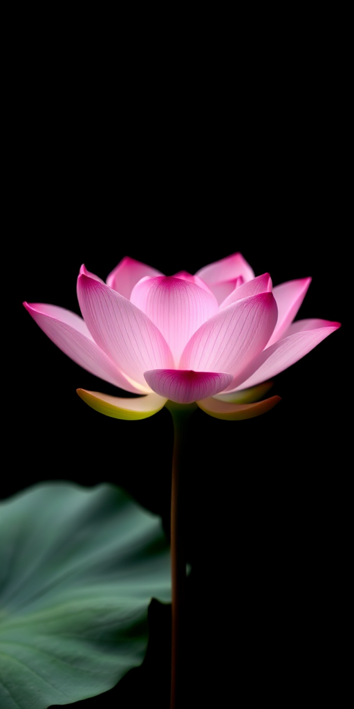 Create a high-resolution illustration of a pink lotus flower on a black background, using a DSLR camera with a 50mm lens, f/1.8 aperture, and a shallow depth of field to enhance details, shot from a low angle to capture its elegance and vibrancy.