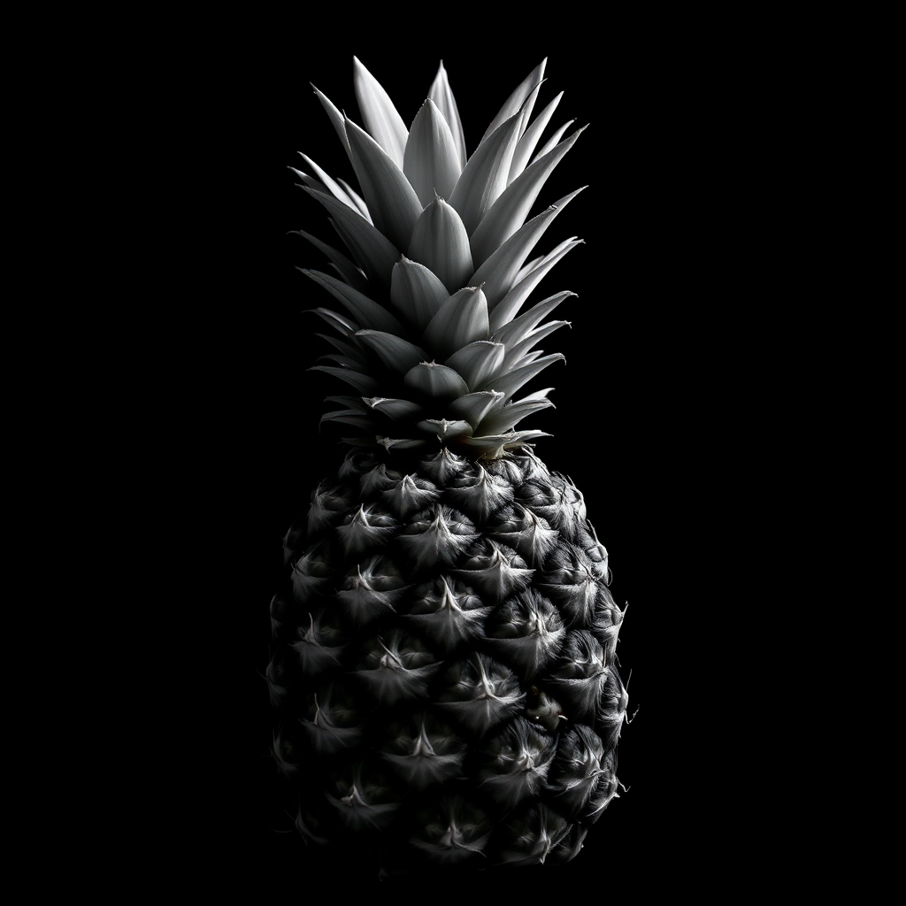 Create a high-contrast black and white image of a pineapple. The pineapple should be prominently featured with a dramatic lighting effect to highlight its texture and details. The background should be completely black to enhance the focus on the pineapple, emphasizing its unique spiky crown and rough skin.