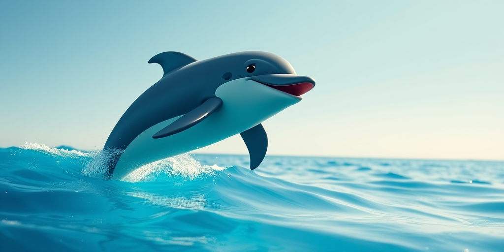 Create a vibrant cartoon image of a happy dolphin leaping out of a clear blue ocean with a light blue sky above, use a Canon EOS 5D Mark IV with a 24-70mm lens at f/8, ISO 100, 1/1000 sec, utilize a wide-angle perspective for a playful scene.