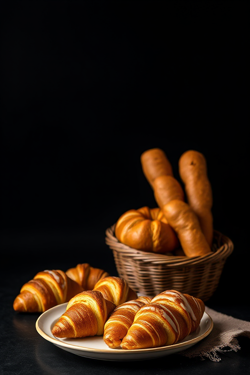 Create a high-quality image of an assortment of bakery items including a Bundt cake, croissants on a plate, and baguettes in a basket, taken with a Canon EOS R5, aperture f/2.8, ISO 100, and a focal length of 50mm, using a soft diffused lighting setup against a black backdrop.