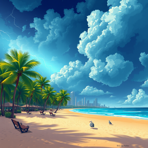 Create a vibrant digital illustration of a tropical beach scene with palm trees, city skyline in the background, stormy clouds with lightning, and a sandy beach with benches and birds, using a Canon EOS R5, 35mm lens, f/8 aperture, ISO 100, in a wide-angle view with high dynamic range for enhanced color and detail.