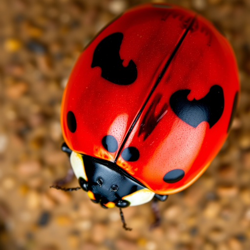 A vibrant and detailed illustration of a ladybug with a glossy red shell and prominent black spots, captured with a macro lens at f/2.8, ISO 100, 1/125s, using a DSLR camera from a top-down perspective to enhance the colors and textures.