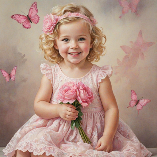 hyperrealism happy smiling toddler girl with messy wavy blonde hair with a headband, she is wearing a pink and white lace dress with pink and white shoes, she is holding a pink bouquet of flowers. Pink flowers and butterflies. summer background. Watercolor Highly detailed