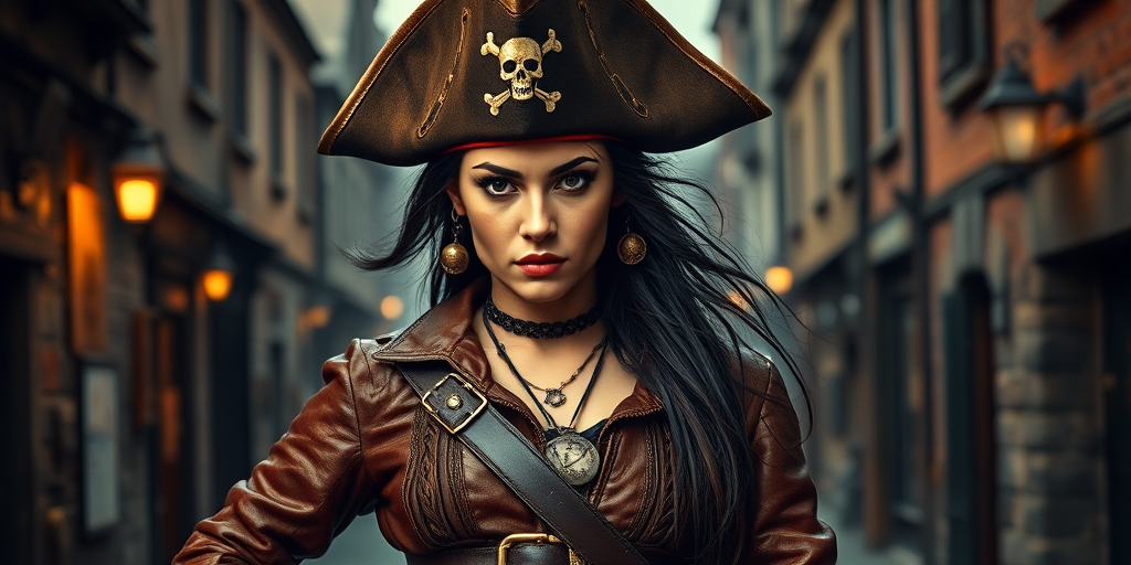 Create a portrait of a fierce female pirate. She wears a leather tricorn hat adorned with a skull and crossbones emblem, and her long, dark hair flows around her face. Her outfit consists of a richly detailed leather jacket, a corset, and multiple layers of belts and accessories, giving her a formidable and stylish appearance. She stands confidently in a dimly lit, historic port town, with a backdrop of weathered buildings and cobblestone streets, capturing the adventurous spirit of a pirate.