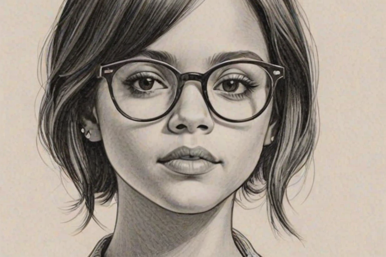 Fascinating Jenna Ortega, pencil sketch, portrait of Enchanting woman 1964s in glasses, hair style beatnik, outline, clear lines, fine lines, 8k