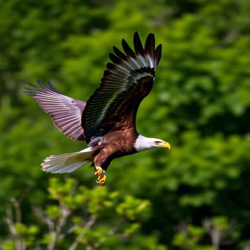 Eagle in mid-flight, captured with a Canon EOS 5D Mark IV, 300mm lens, f/4 aperture, 1/2000 sec shutter speed, ISO 400, natural light, shallow depth of field, vibrant greenery in the background.