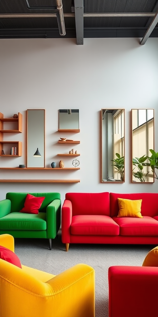 interior design of a modern room featuring three vibrant sofas in red, green, and yellow, minimalist decor with shelves on the wall, large mirrors, wide-angle view, high dynamic range imaging, f/8 aperture, ISO 100, 24mm lens, soft natural lighting