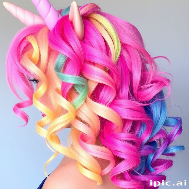 Vibrant rainbow unicorn hair melts from pastel pink roots through yellow, green, blue, and purple ends, styled in voluminous curls for a magical look