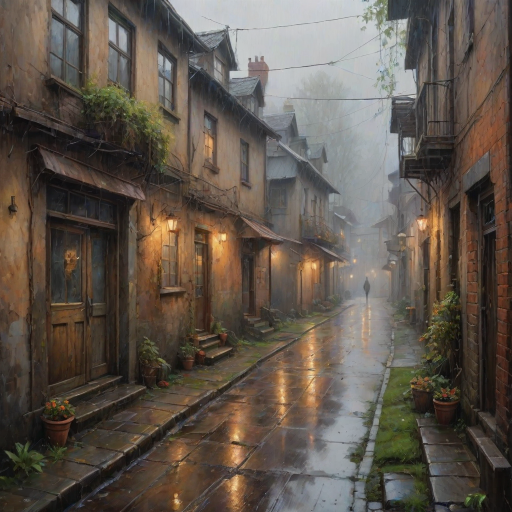 rainy day house painting, fine art painting, fantasy art, 4K, 3D, HDRi, detailed oil painting, high definition art, expressive rustic oil painting, foggy alley, soft focus