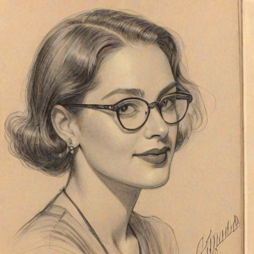 Delightful Gina Kimmel, pencil sketch, portrait of Lovely woman 1931s in glasses, hair style beatnik, outline, clear lines, fine lines, 8k