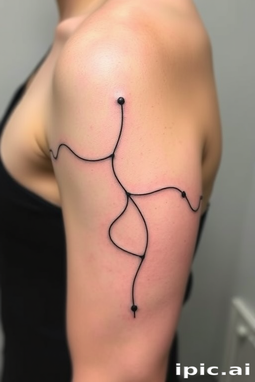 Elegant continuous line tattoo named "Fluid Form" composed of a single unbroken line that flows across the skin creating recognizable shapes and figures with minimal detail negative space plays a crucial role in defining the composition resulting in a deceptively simple yet visually captivating design