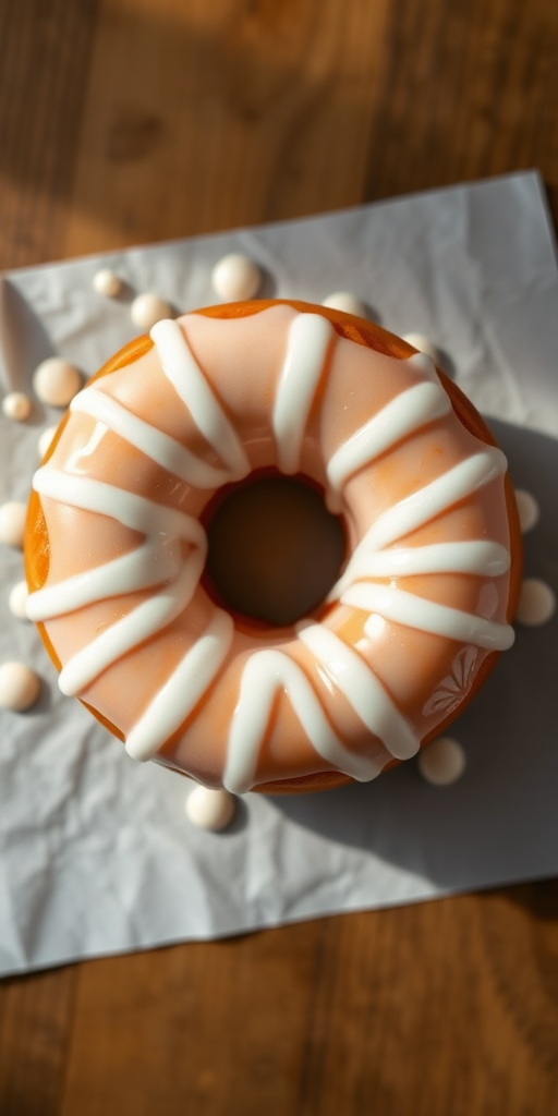 Create a high-resolution image of a stylized donut with a drippy icing effect, using a Canon EOS 5D Mark IV with a 50mm f/1.8 lens, in natural light, shot from a top-down view to highlight texture and detail.