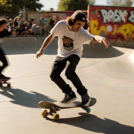 Blurry action shot of a skateboarder performing a trick at a skate park, mid-air with intense focus on their face, sunlight casting long shadows on the pavement, other skaters watching from the sidelines, graffiti-covered walls in the background.