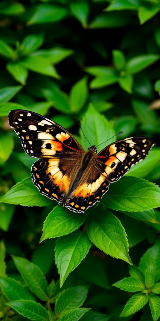 Generate an image of a butterfly with vibrant patterns on its wings, perched on lush green leaves. The butterfly should have a mix of black, white, and orange colors, showcasing intricate details in its wing structure. The background should be a natural setting with plenty of greenery to highlight the butterfly.