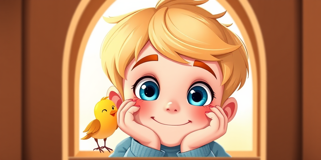 Generate a cute cartoon character portrait of a young boy with short blonde hair and big blue eyes, smiling while resting his hands on his cheeks, with a small yellow bird beside him, framed in an arched window design, use a bright color palette, shot with a 50mm lens at f/1.8 with soft natural lighting and a slight vignette effect.