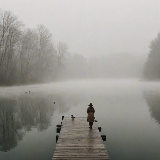 Fog rolling over a tranquil river, ducks swimming by, and a lone woman standing on a wooden dock, staring into the mist.