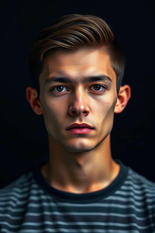 Create a high-resolution polygonal portrait of a young man with a serious expression and a striped shirt, using a Canon EOS R5 camera with a 50mm f/1.2 lens, Aperture Priority mode, ISO 100, and a studio lighting setup to enhance the geometric shapes and color contrast against a dark background.