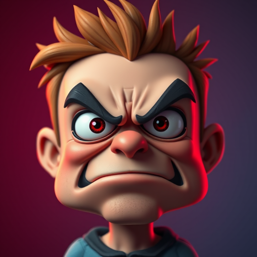 Create a cartoon-style image of an angry character with exaggerated facial features, using a soft gradient background that transitions from blue to red, captured with a Canon EOS R5, 50mm lens, f/1.8, ISO 100, with high saturation and contrast for vibrant colors.