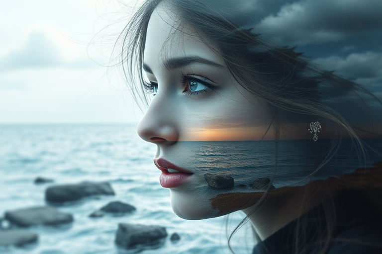 design Book cover, A surreal double exposure portrait that blends a woman's face with a beautiful seascape. The overall mood is dreamy and mystical, with rich colors and intricate details