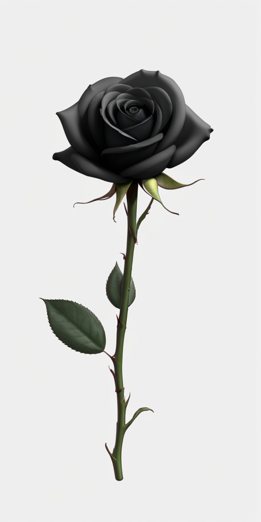A Single Elegant Black Rose with Green Leaves and Thorny Stem