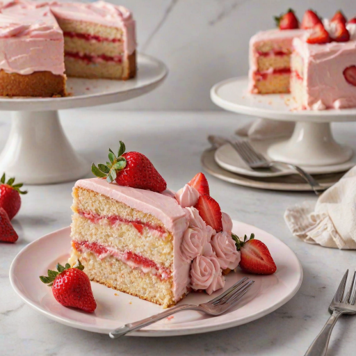 Create an image of a perfectly sliced piece of strawberry cake on a white plate. The cake should have layers of light, fluffy vanilla sponge and a vibrant strawberry filling, topped with a smooth pink frosting and a dollop of whipped cream. Include a fork resting beside the slice and a second plate with an additional piece of cake in the background, set against a marble countertop.