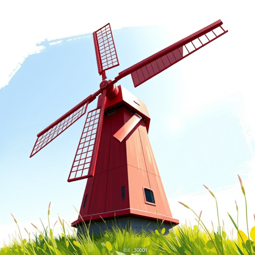 Create a detailed illustration of a red windmill with four large blades, viewed from a low angle to emphasize height, in a bright, clear style, with natural lighting, using a digital painting approach and a resolution of 300 DPI.