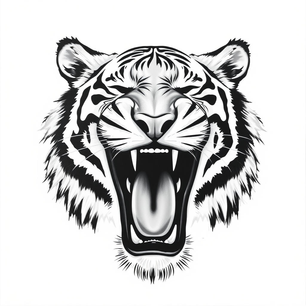Abstract black and white acrylic portrait of an over exaggerated laughing (tiger). Minimalism style. White background.