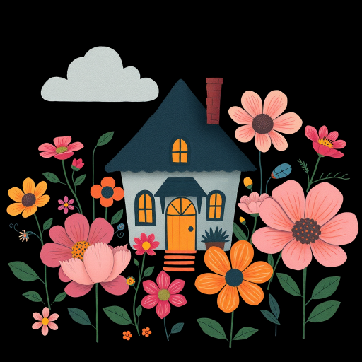 Create an illustration of a whimsical house surrounded by large, stylized flowers with vibrant colors on a black background, using a Canon EOS R5 with a 50mm f/1.8 lens, aperture set to f/2.8, ISO 100, and soft lighting for a dreamy effect.