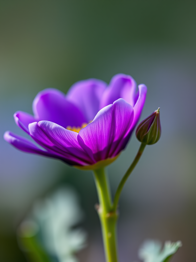 a high-resolution macro photograph of a vibrant purple ranunculus flower with a green stem and a small bud nearby, shot with a Canon EOS 5D Mark IV at f/4, ISO 100, 1/200 sec, natural light, shallow depth of field, soft focus background