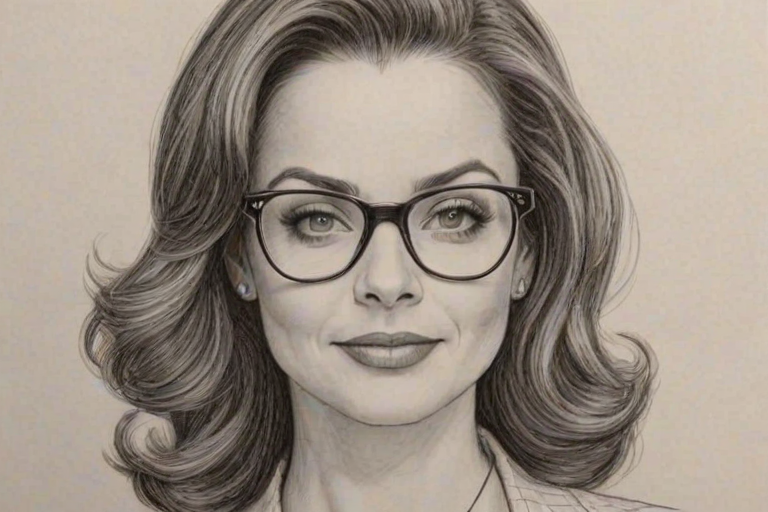 Radiant Kimberly Williams-Paisley, pencil sketch, portrait of Comely woman 1954s in glasses, hair style beatnik, outline, clear lines, fine lines, 8k