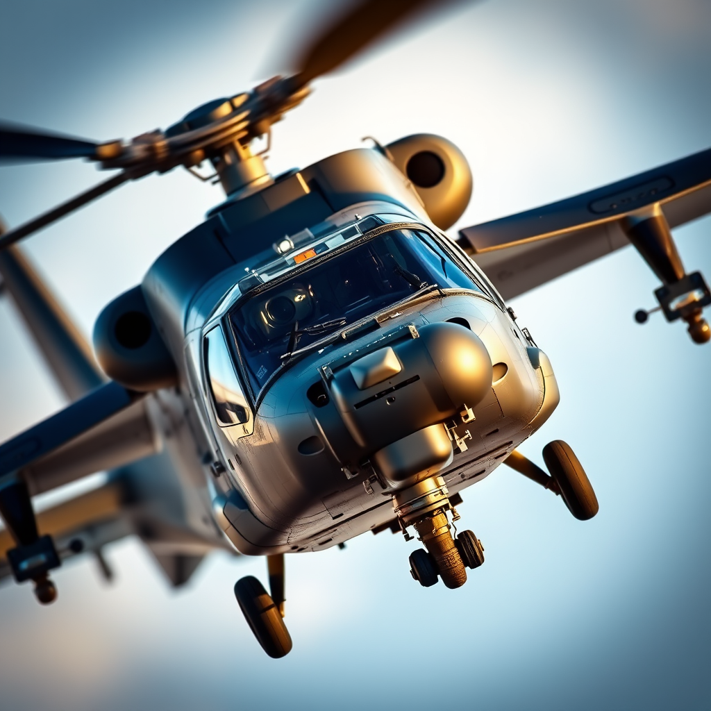 Capture a close-up shot of a military helicopter in flight with vibrant details, using a DSLR camera with a 50mm lens, aperture set to f/2.8 for a shallow depth of field, shutter speed at 1/1000s to freeze the motion, and ISO 200 for clear, sharp images.
