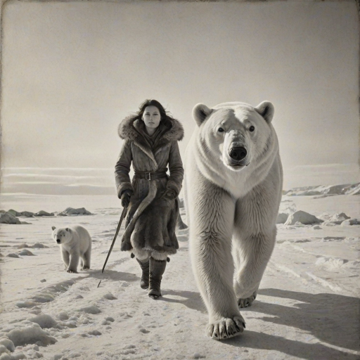 A very old photograph in black and white. The photo is badly damaged, faded, with scratches, tears, smudges and dirt. The photo is ultra-realistic and very detailed. It's a picture of an Arctic warrior. She is walking serenely towards the camera. At her side walks a majestic polar bear. Its fur shines in the sunlight. Snow, ice, sea. wind. snow in the air.