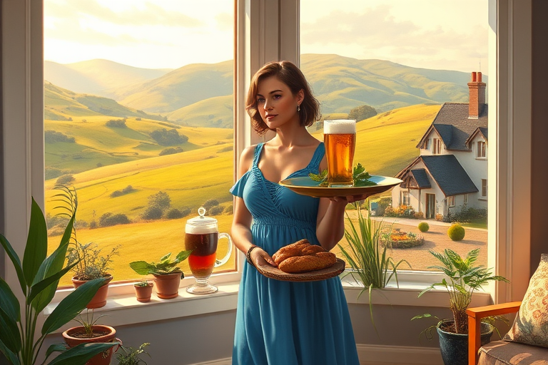 In "A Glass of Beer on the Highland," a serene scene is depicted in a sunlit room where a woman in a vibrant blue dress stands by a large window. She holds a tray with a hearty meal and a frothy glass of beer, embodying a moment of relaxation. Outside, the breathtaking highland landscape features rolling green hills and a charming traditional house, all bathed in warm afternoon light. The interior is adorned with potted plants, creating a harmonious blend of comfort and nature. The painting beautifully captures the tranquility and joy found in simple pleasures amidst stunning scenery