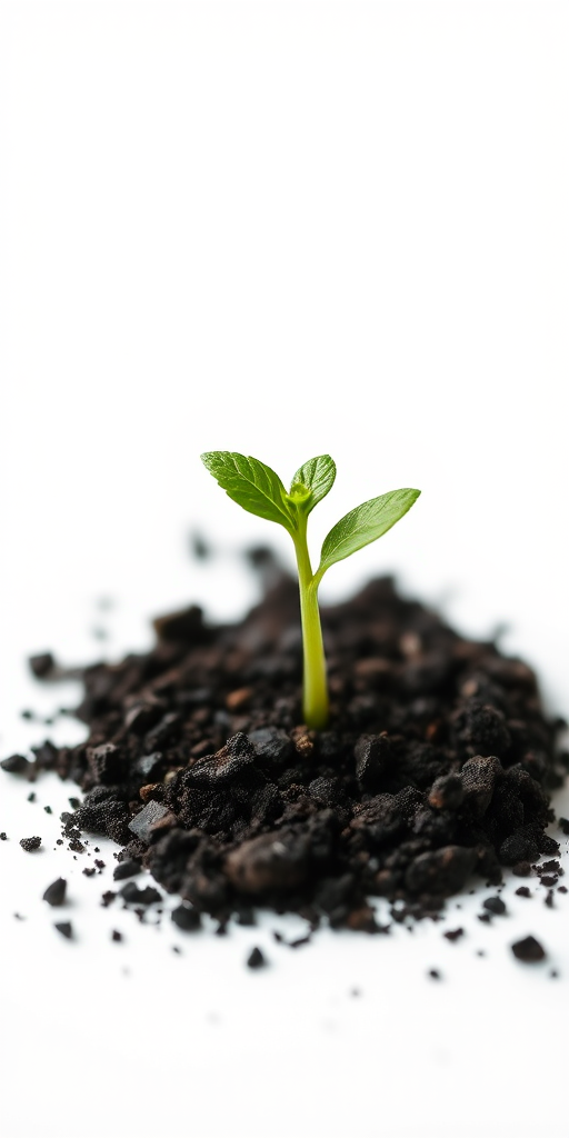 Illustrate a young green plant sprouting from dark soil on a plain white background, captured with a Canon EOS 5D Mark IV at f/2.8, ISO 100, with a shallow depth of field to emphasize the plant, using a macro lens for fine detail.