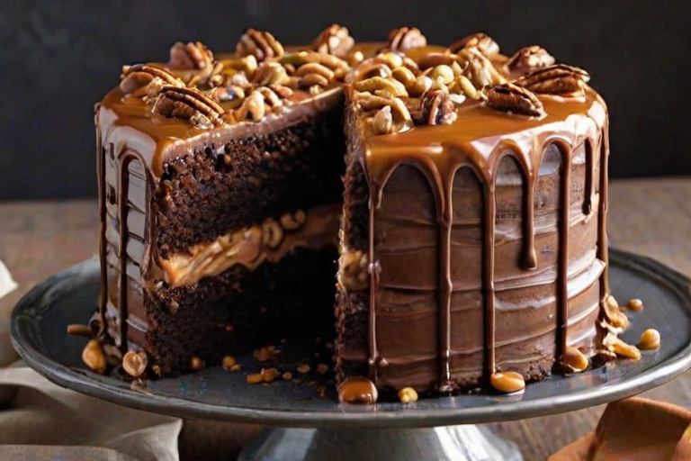 Generate an image of a multi-layered chocolate cake with rich layers of frosting, caramel, and nuts. The cake should have a glossy chocolate ganache topping and be decorated with chopped nuts on the edges. Display a cross-section to show the distinct layers of cake and filling.