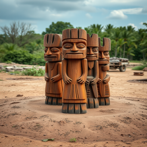 Regenerate the image of five ancient, carved wooden totems arranged in a circular formation on a dirt patch, captured with a DSLR camera at f/8, ISO 100, 35mm focal length, using a wide-angle lens to enhance depth of field and clarity.
