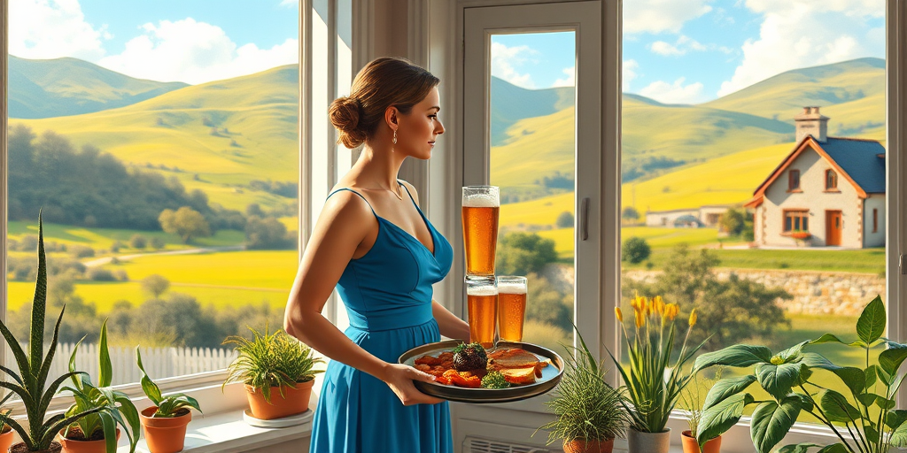 In "A Glass of Beer on the Highland," a serene scene is depicted in a sunlit room where a woman in a vibrant blue dress stands by a large window. She holds a tray with a hearty meal and a frothy glass of beer, embodying a moment of relaxation. Outside, the breathtaking highland landscape features rolling green hills and a charming traditional house, all bathed in warm afternoon light. The interior is adorned with potted plants, creating a harmonious blend of comfort and nature. The painting beautifully captures the tranquility and joy found in simple pleasures amidst stunning scenery