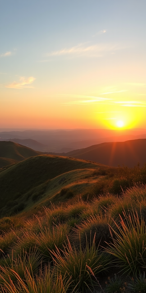 Generate an image of a serene landscape with rolling hills and a sunset, using a DSLR camera with a 50mm lens, aperture set to f/4, ISO 200, shutter speed 1/200 sec, capturing a wide-angle view in vibrant colors and high detail.