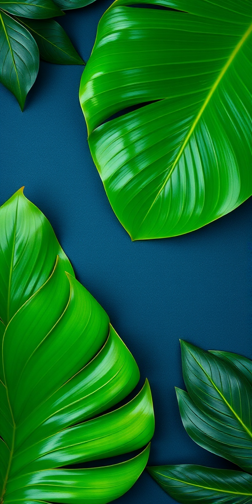 Create a high-resolution image of tropical leaves arranged artistically on a dark blue background using a DSLR camera with a 50mm lens, f/2.8 aperture, ISO 100, and a shallow depth of field to enhance texture and color vibrancy.