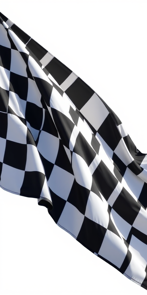 Create a high-resolution image of a waving checkered flag on a white background, using a DSLR camera with a 50mm lens, aperture set at f/2.8, ISO 100, shot in natural light.