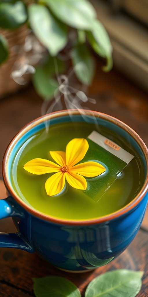 A vibrant blue ceramic cup filled with steaming green tea, garnished with a yellow flower and a green tea bag resting inside, captured with a 50mm lens at f/2.8, ISO 100, with natural soft lighting and a shallow depth of field for a cozy and inviting atmosphere.