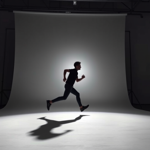 Create a dynamic silhouette of a person running towards the viewer, using a Canon EOS R5 camera with a 50mm f/1.2 lens, aperture set to f/2.8, ISO 100, fast shutter speed for capturing motion, in a well-lit studio environment with a soft white backdrop.