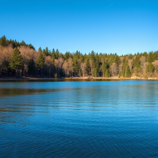Generate a high-resolution image of a serene landscape featuring a calm lake surrounded by trees under a clear blue sky, shot with a Canon EOS R5 using a 24-70mm f/2.8 lens, ISO 100, aperture f/8, shutter speed 1/200s, in natural lighting, with a wide-angle view for depth and detail.